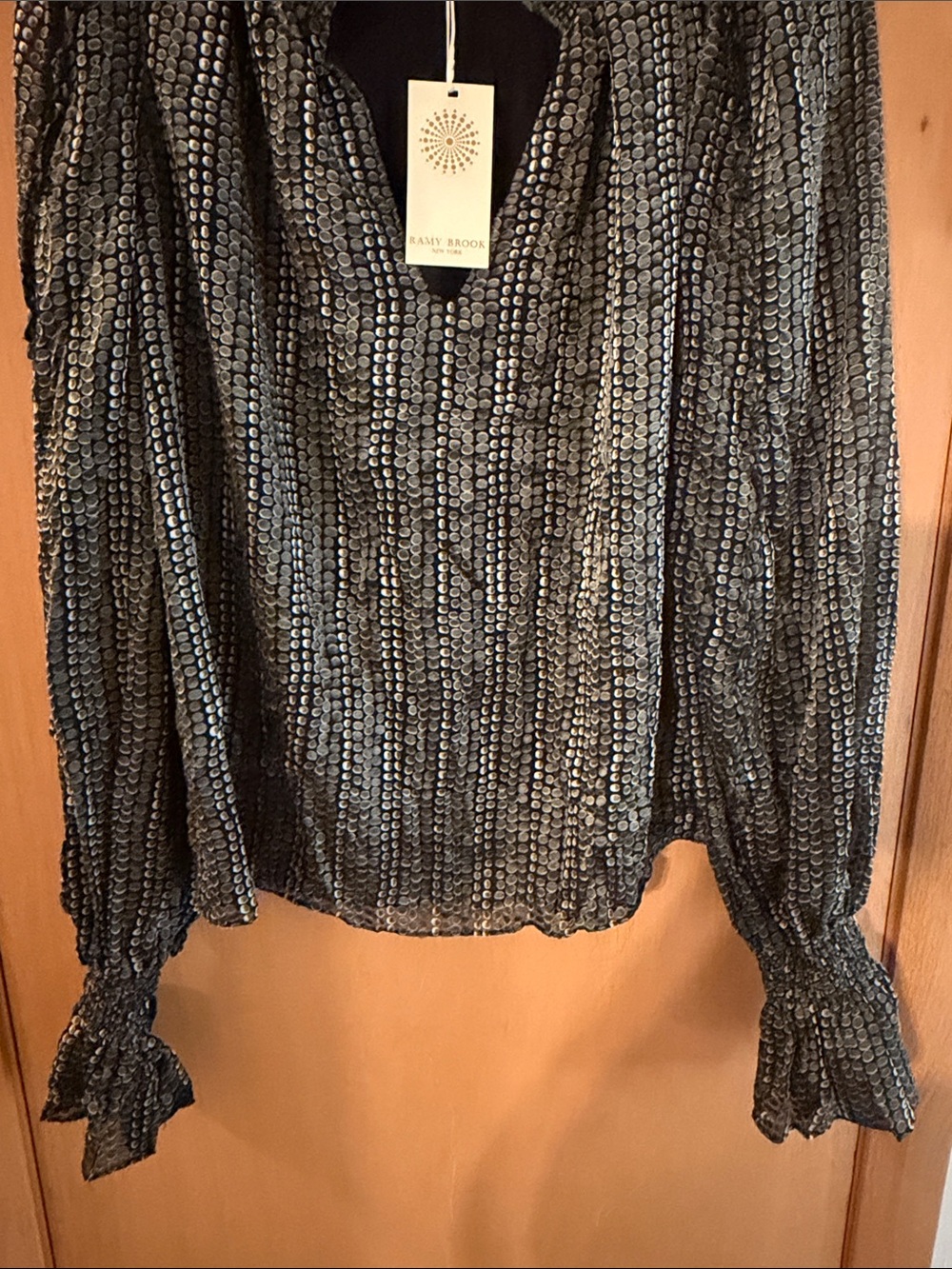 Ramy Brook Women’s Long Sleeve Dotted Ruffle Blouse Gray Black New Medium - Picture 5 of 7